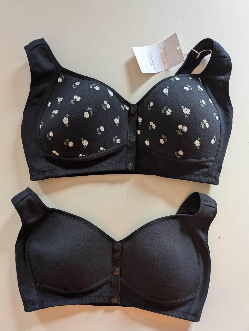 NWT Daisy Comfort Bras Set Of Two Black And Black Floral. Front Button Sz. L